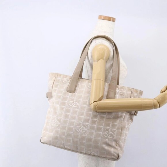 CHANEL New Travel Line Tote Bag Nylon Beige Gold CC Auth mr1594